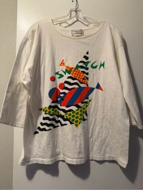 Vintage Swatch White Long Sleeve Graphic Tee with Multicolor Fish Design y2k